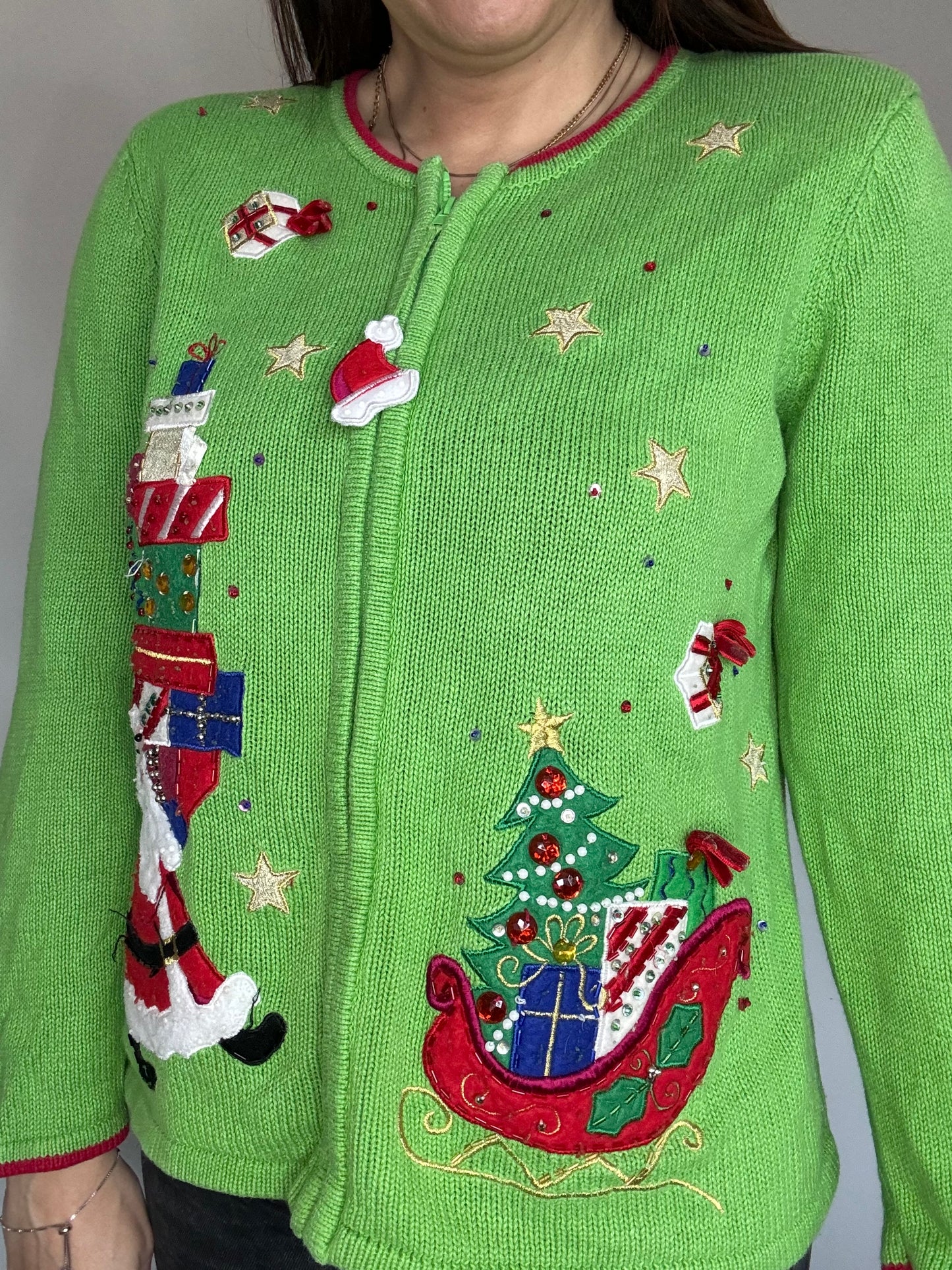 Vintage Christmas Jumper Novelty Knit Santa and Sleigh Zip Up