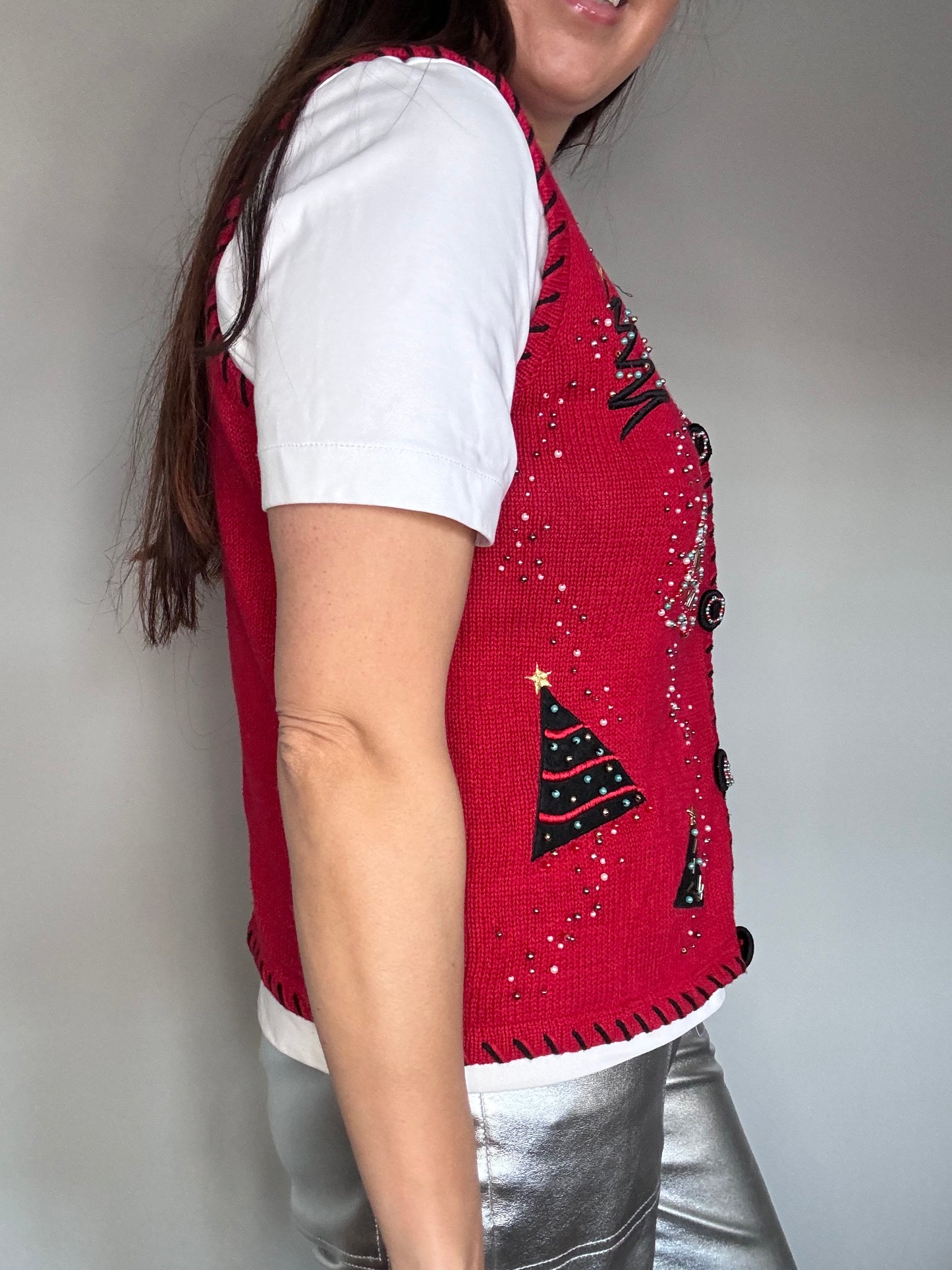 Vintage Christmas Jumper Vest Novelty Knit Red Trees with Beaded Design – Fun Themed Kitsch