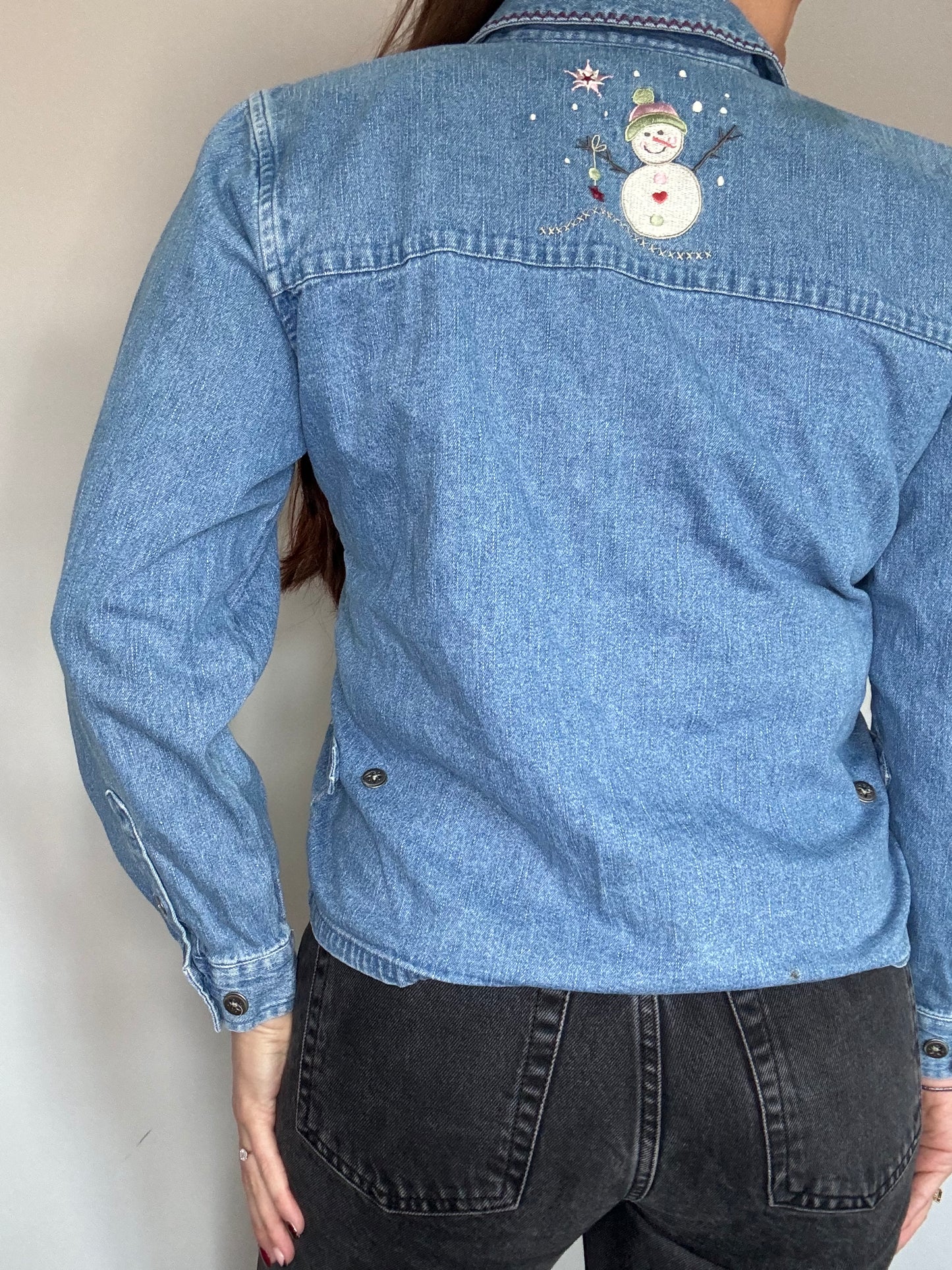 Vintage denim jacket shirt with snowman appliqué