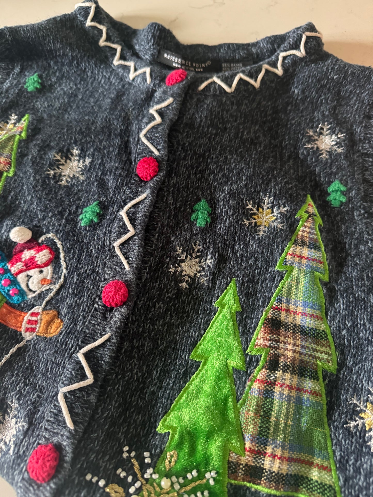 Vintage Christmas Vest with Buttons - Navy with snowman and tree appliqués