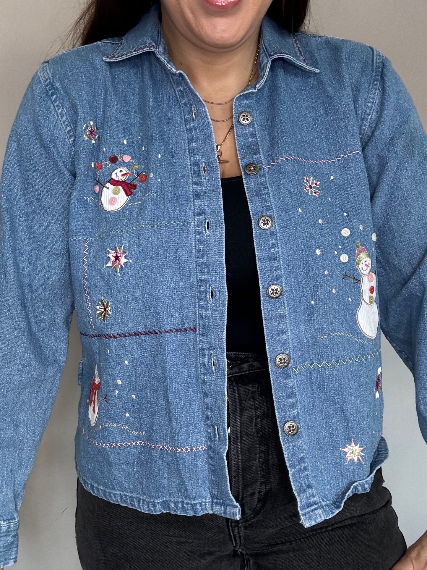 Vintage denim jacket shirt with snowman appliqué