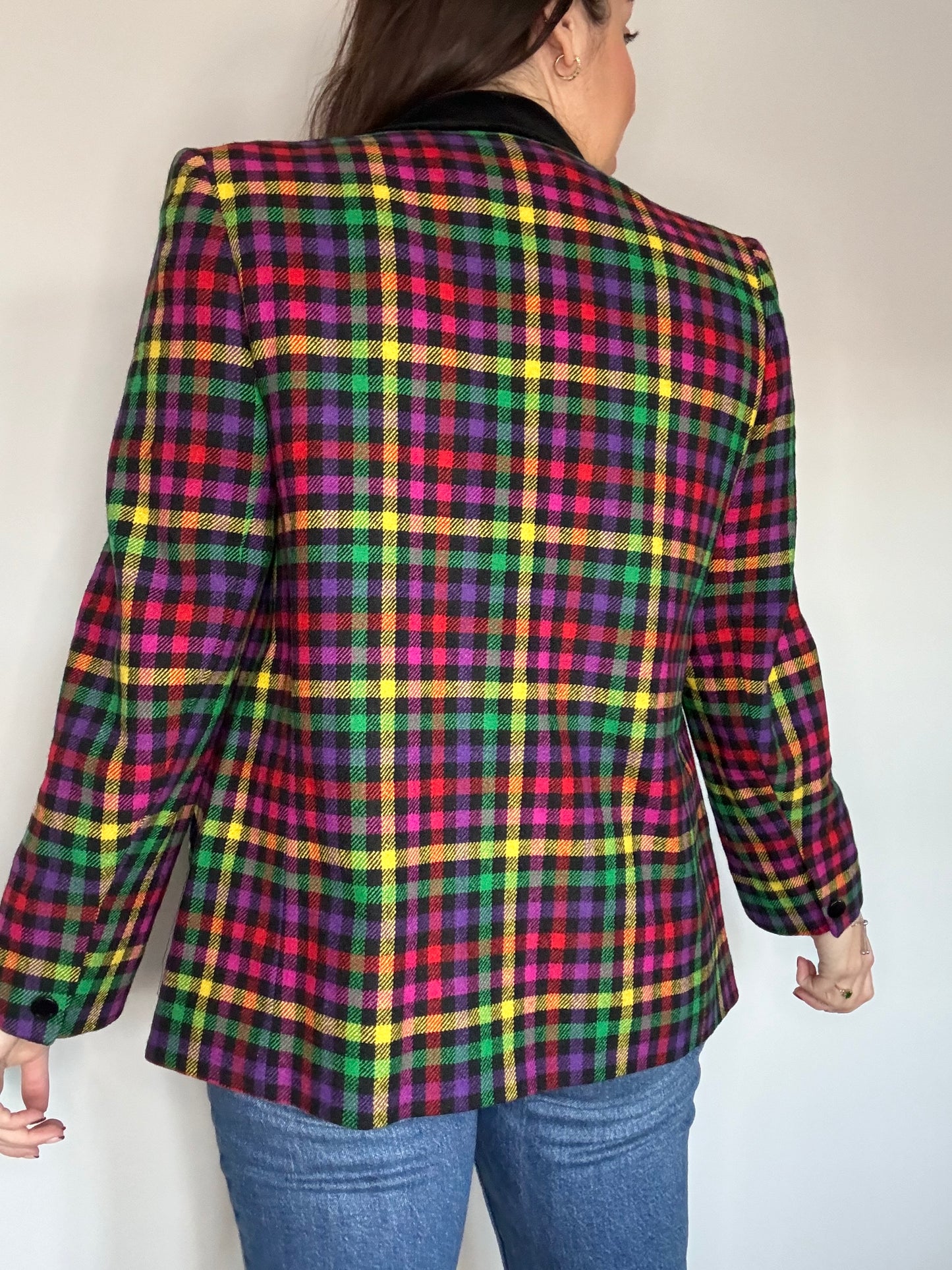 Windsmoor rainbow multicoloured tartan checked jacket with velvet collar