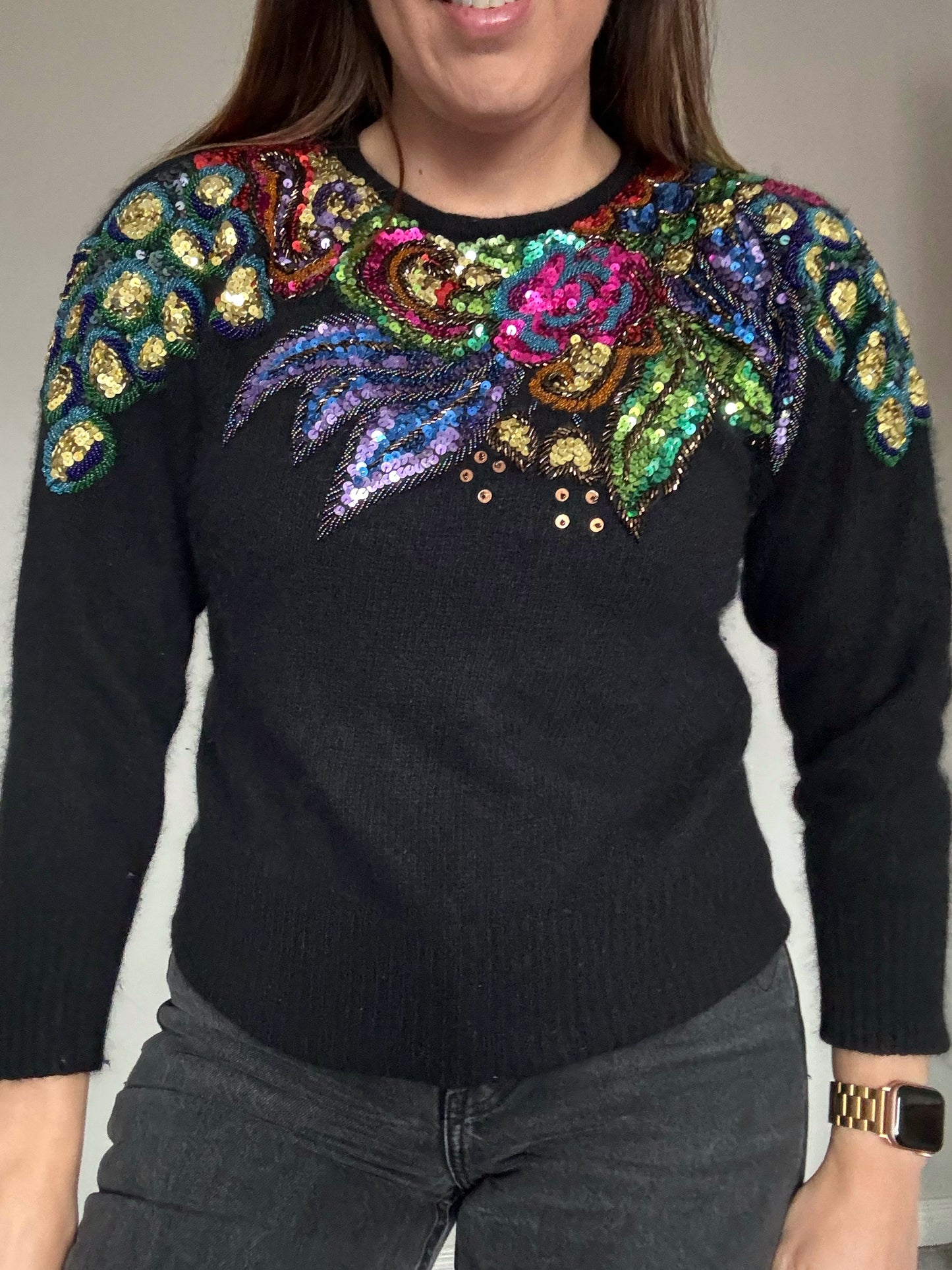 IB Diffusions Black Soft Jumper with Sequin Appliqué Shoulders – Christmas Jumper Alternative