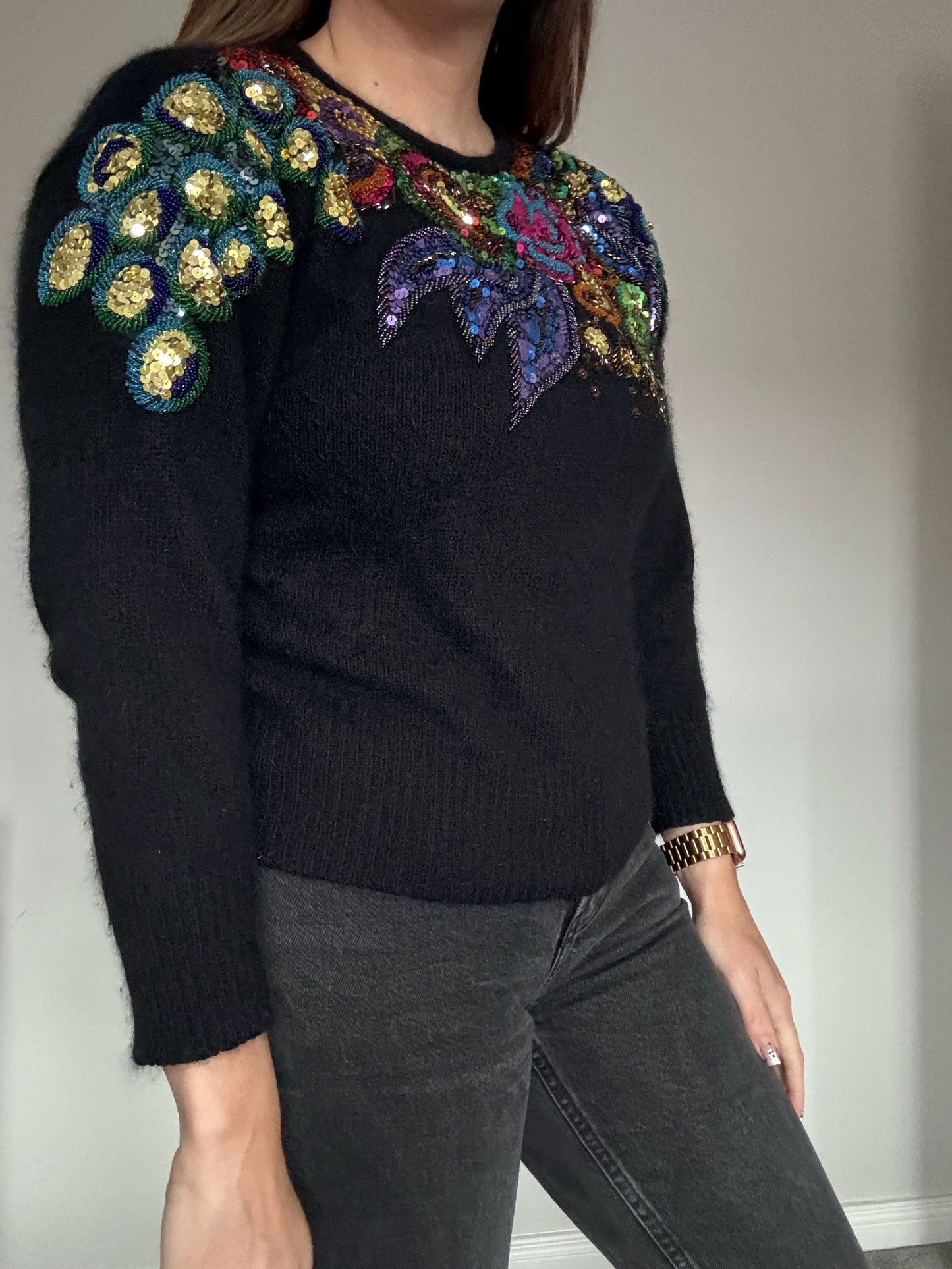 IB Diffusions Black Soft Jumper with Sequin Appliqué Shoulders – Christmas Jumper Alternative