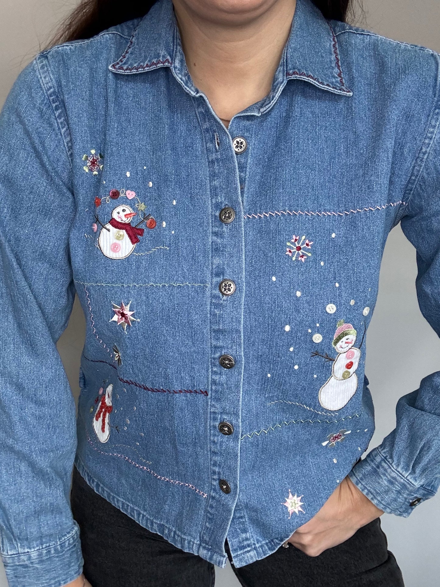 Vintage denim jacket shirt with snowman appliqué