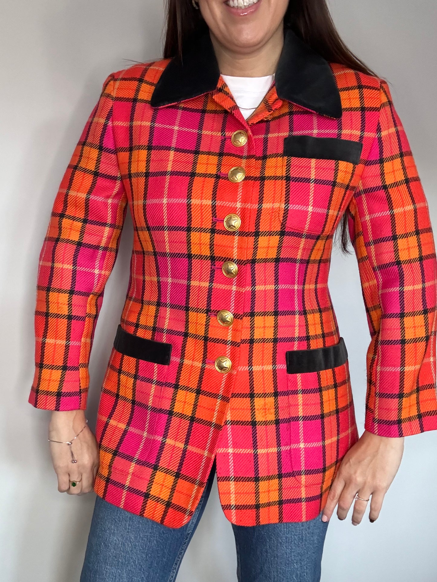 Mondi Vintage Pink and Orange Tartan Checked Jacket with Velvet Collar and pockets details and Gold Buttons