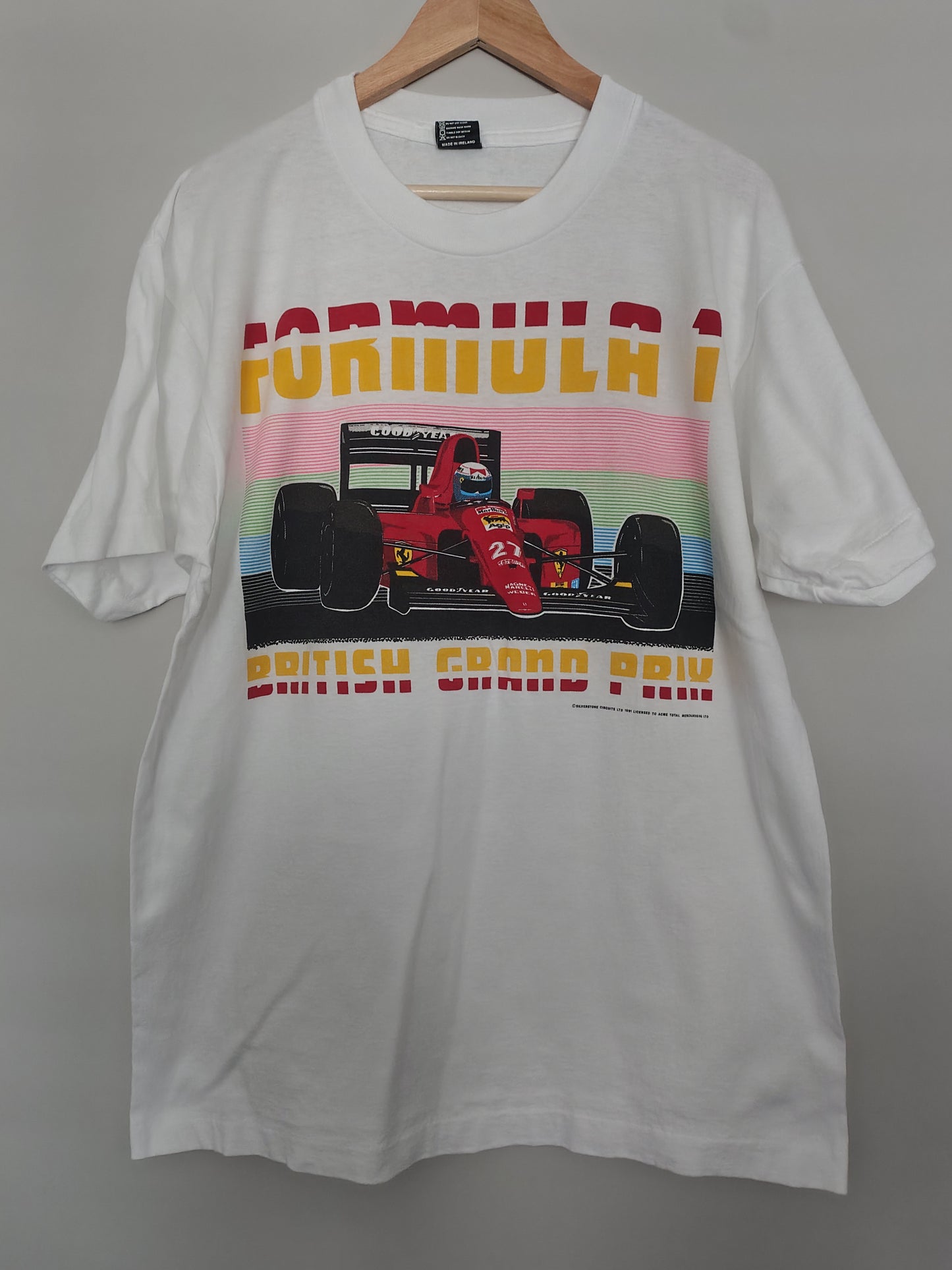 1991 British Grand Prix white t-shirt featuring Ferrari 642 Alain Prost made in Ireland single stitch Silverstone official rare