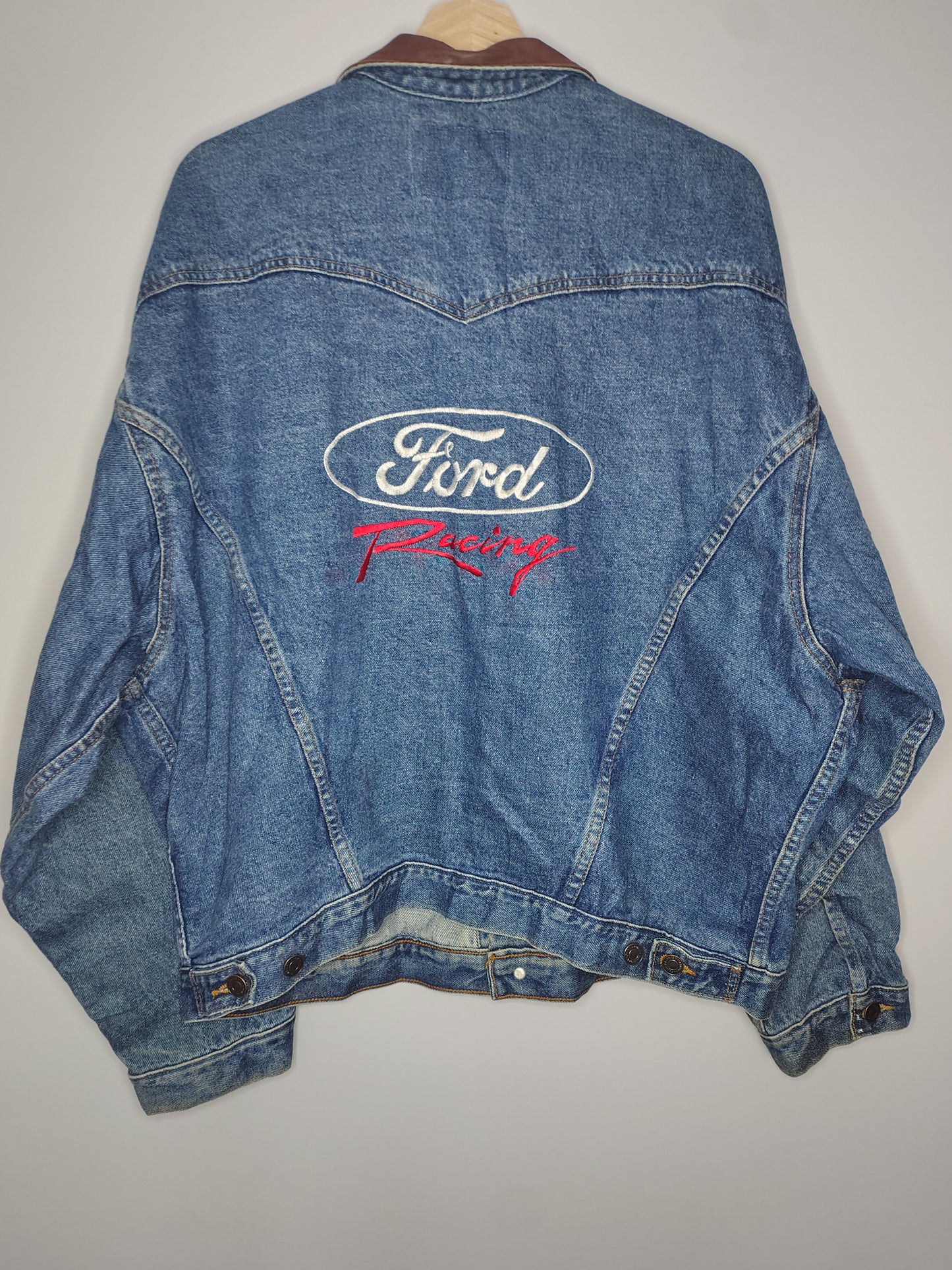 Ford racing denim jacket leather collar XL made in Canada