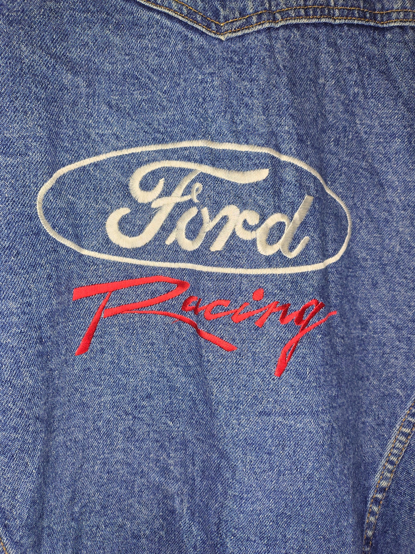 Ford racing denim jacket leather collar XL made in Canada