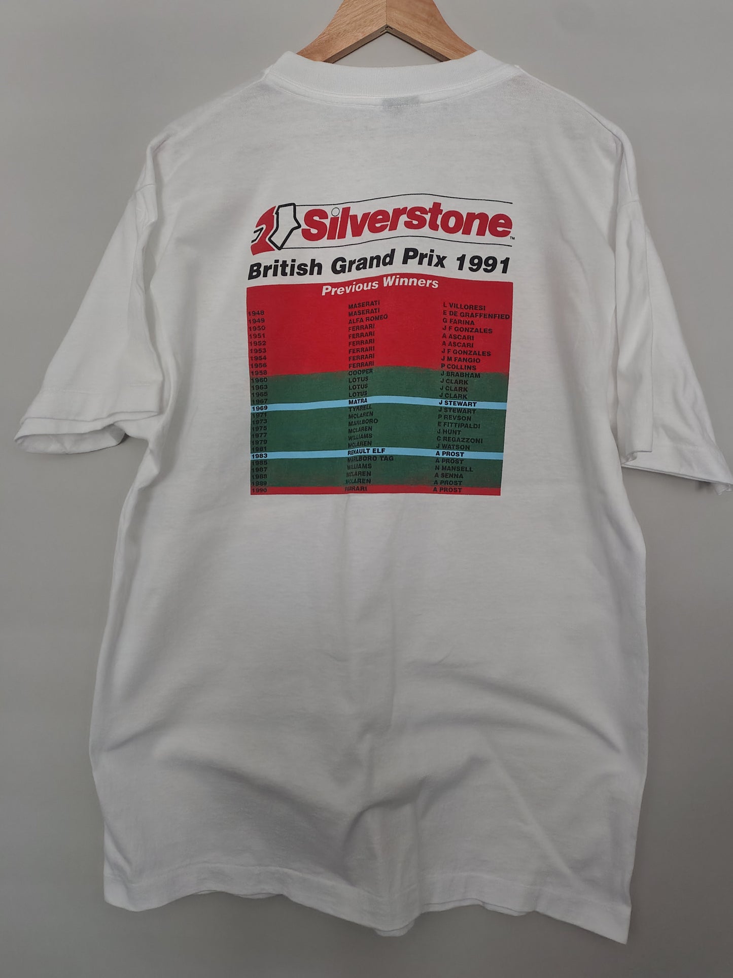1991 British Grand Prix white t-shirt featuring Ferrari 642 Alain Prost made in Ireland single stitch Silverstone official rare