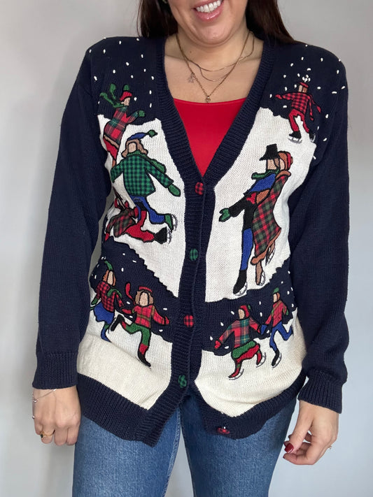 Susan Bristol 1992 rare Vintage Christmas knitted cardigan with ice skating Christmas scene and tartan design