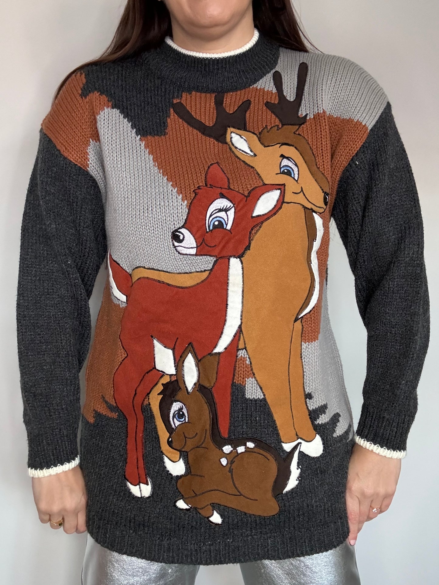 Vintage Novelty Christmas Jumper with Bambi Deer Appliqué – Unique kitsch Sweater