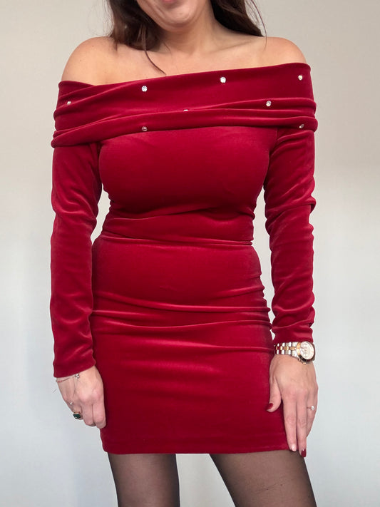 90s Red Velvet Bardot Christmas Party Dress with Sequins – Made in England