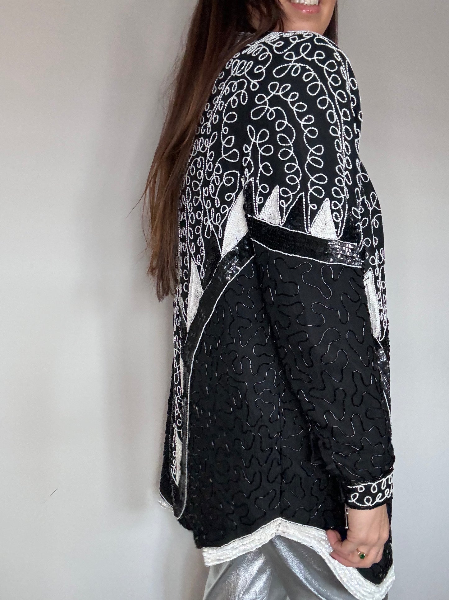 Frank Usher Black and White Classic Oversized Sequin Heavily Beaded statement Shirt statement trophy jacket overshirt