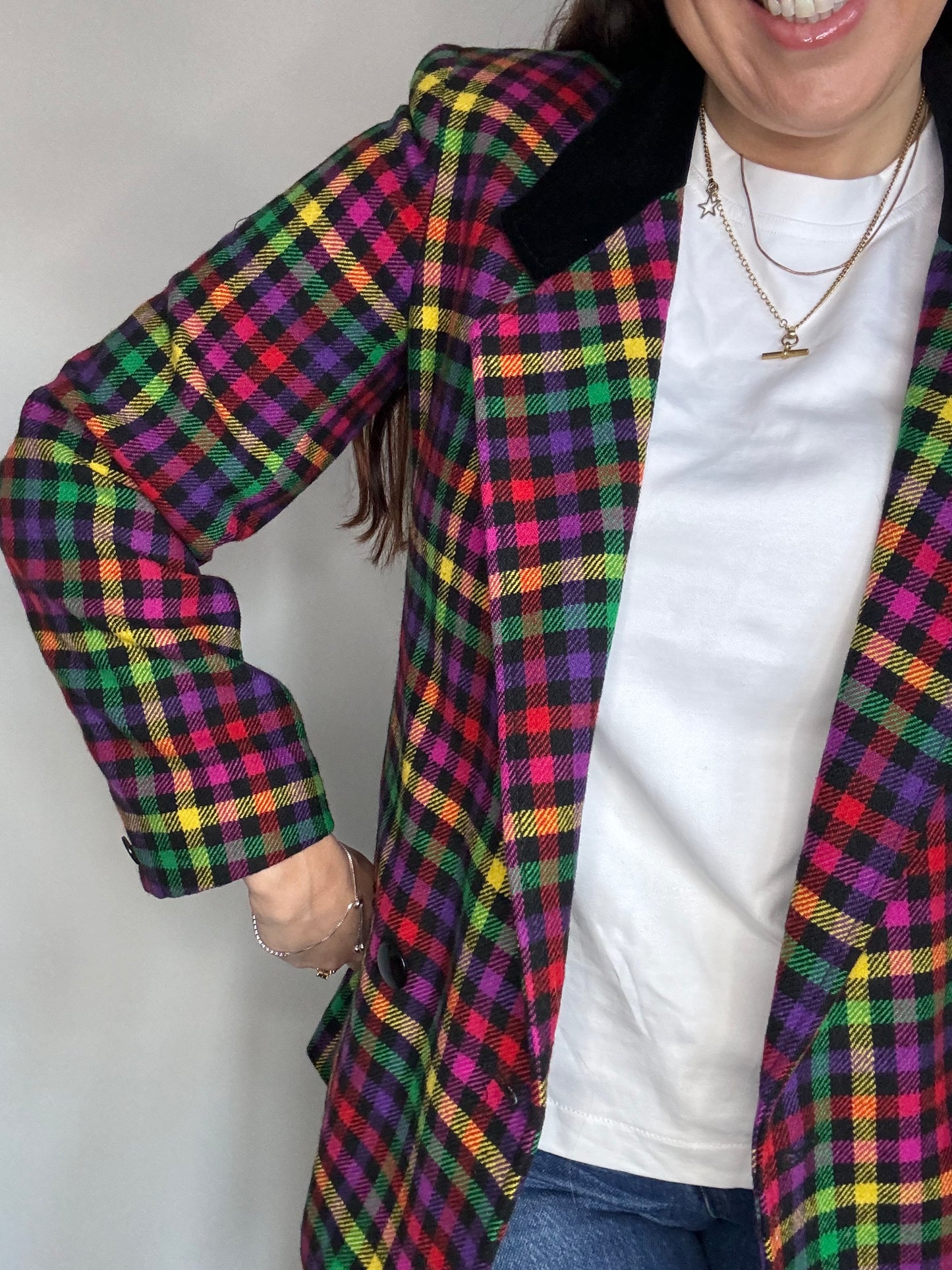 Windsmoor rainbow multicoloured tartan checked jacket with velvet collar