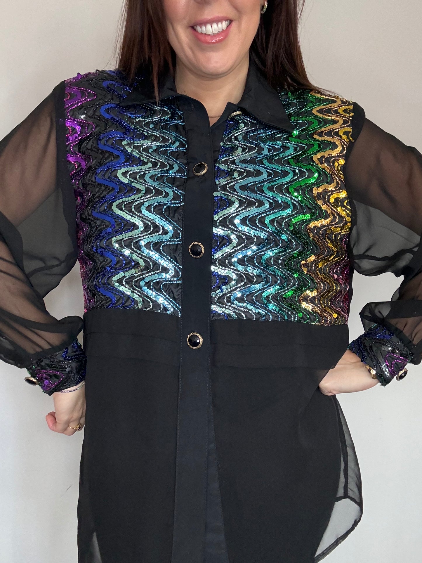 Black sequin party shirt with sheer sleeves