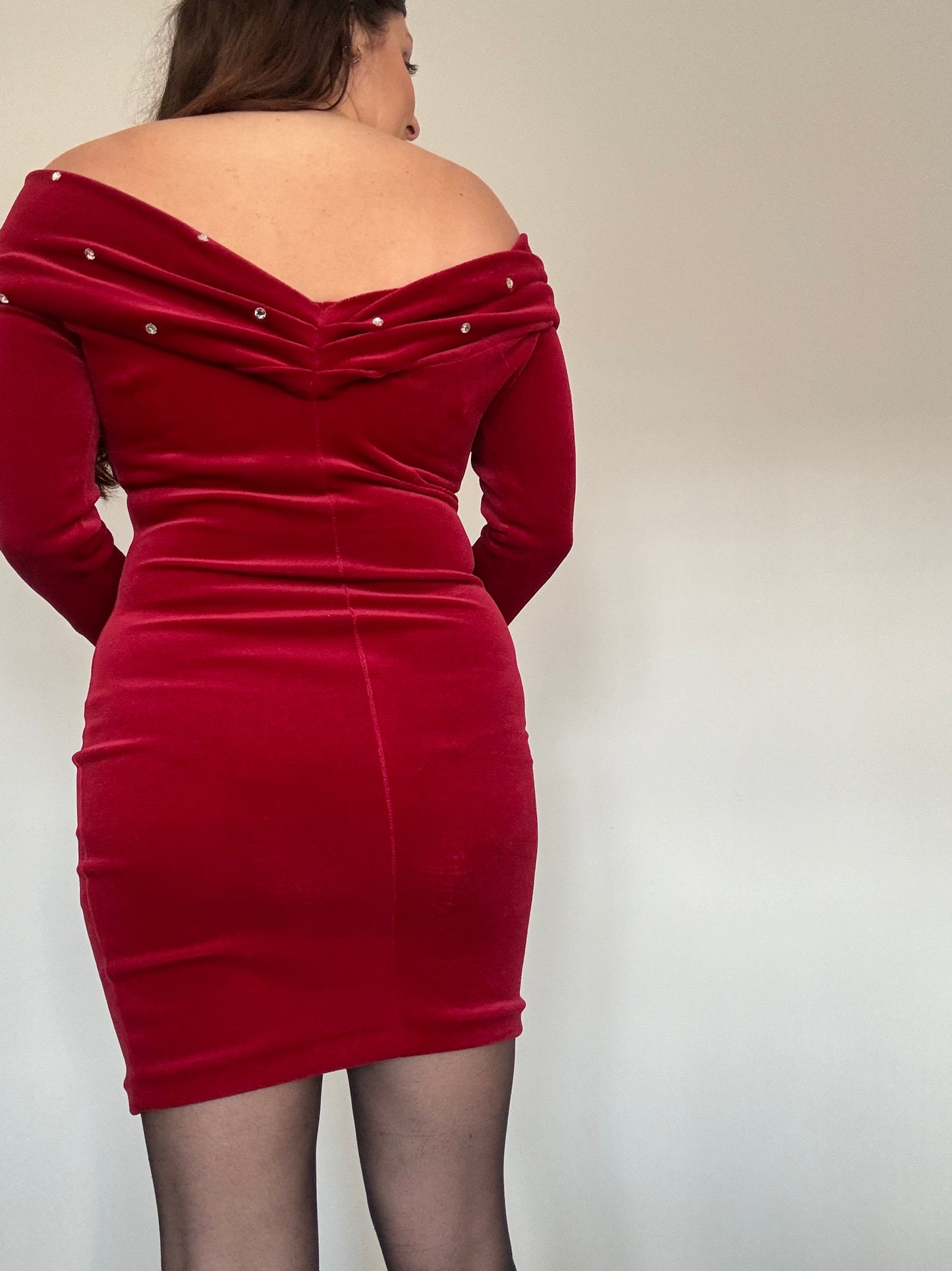 90s Red Velvet Bardot Christmas Party Dress with Sequins – Made in England