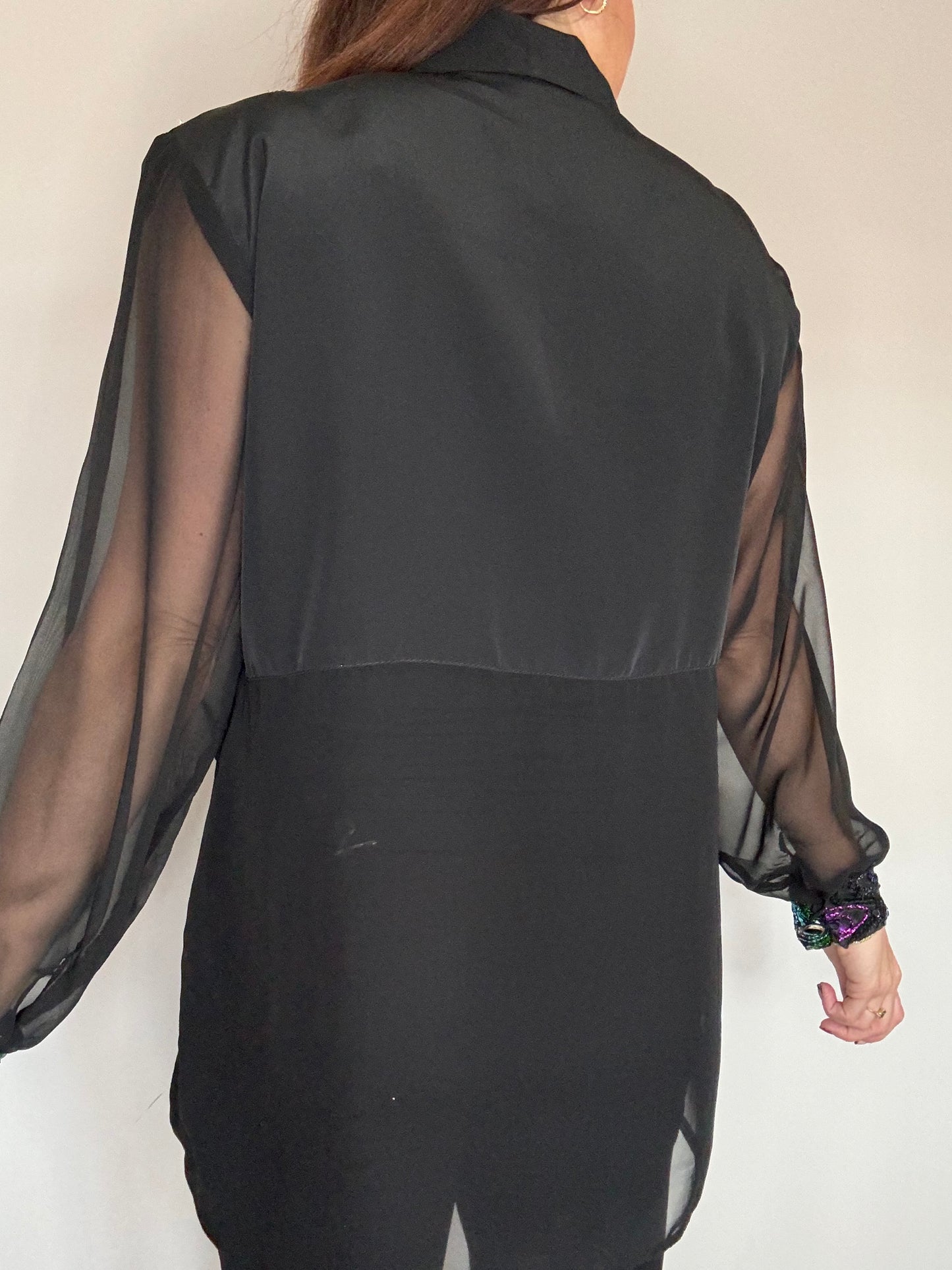 Black sequin party shirt with sheer sleeves