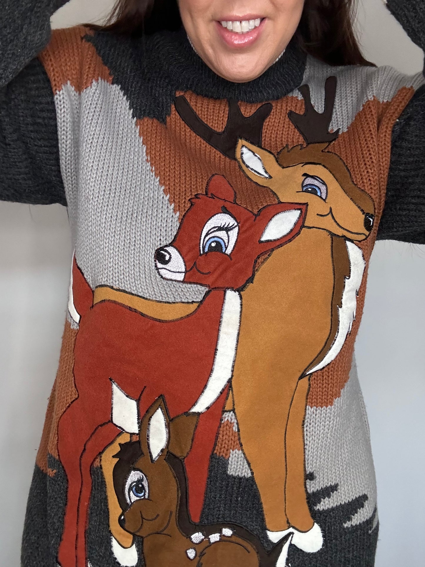 Vintage Novelty Christmas Jumper with Bambi Deer Appliqué – Unique kitsch Sweater