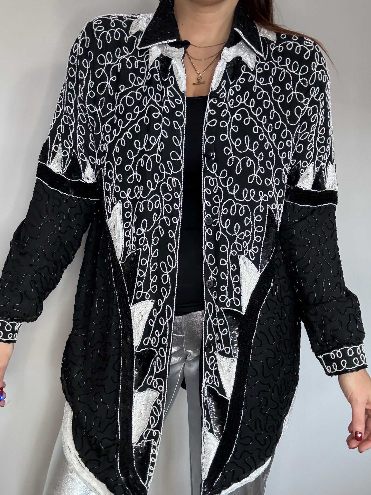 Frank Usher Black and White Classic Oversized Sequin Heavily Beaded statement Shirt statement trophy jacket overshirt