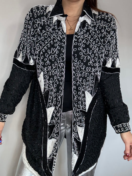 Frank Usher Black and White Classic Oversized Sequin Heavily Beaded statement Shirt statement trophy jacket overshirt