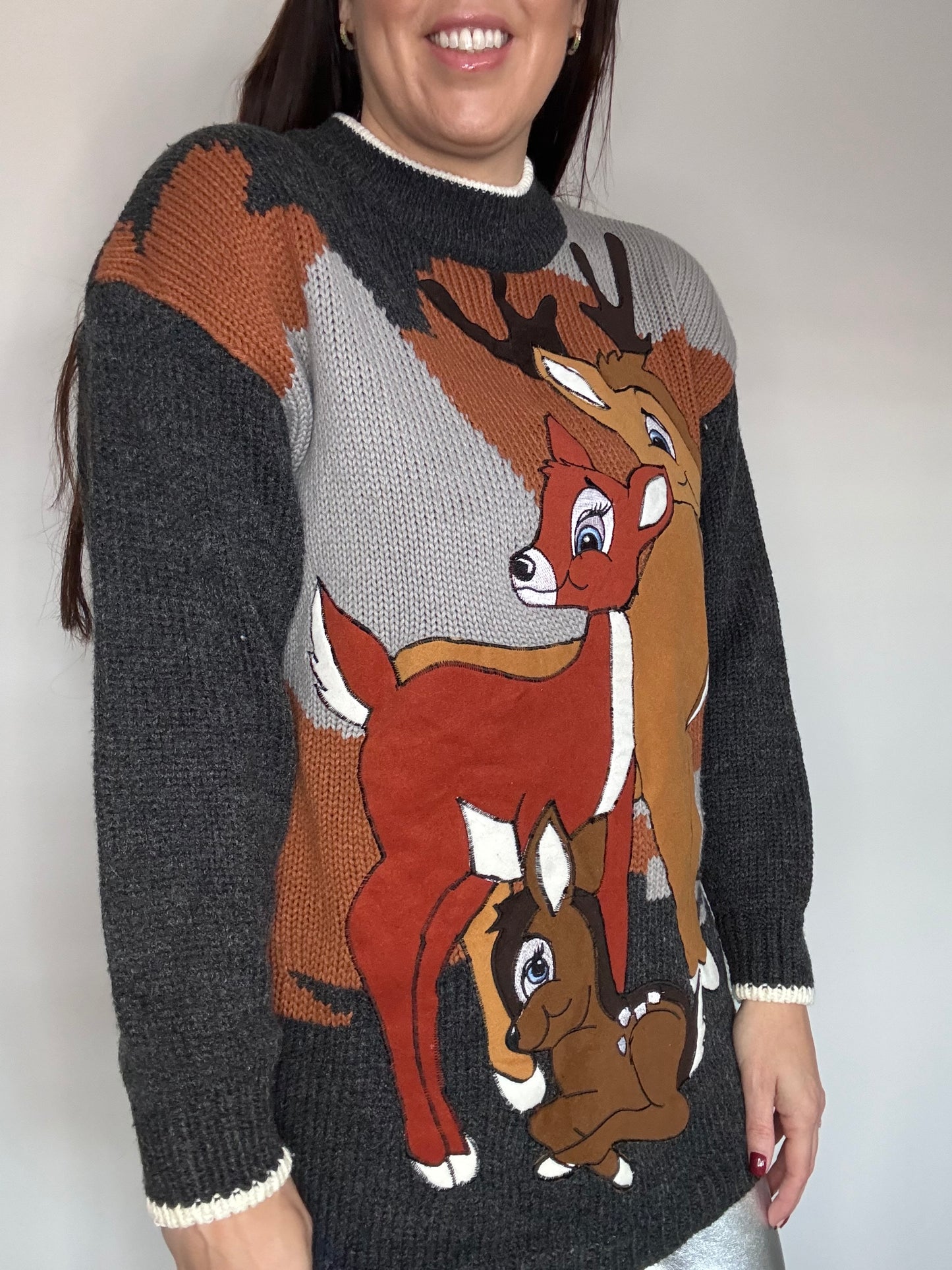 Vintage Novelty Christmas Jumper with Bambi Deer Appliqué – Unique kitsch Sweater