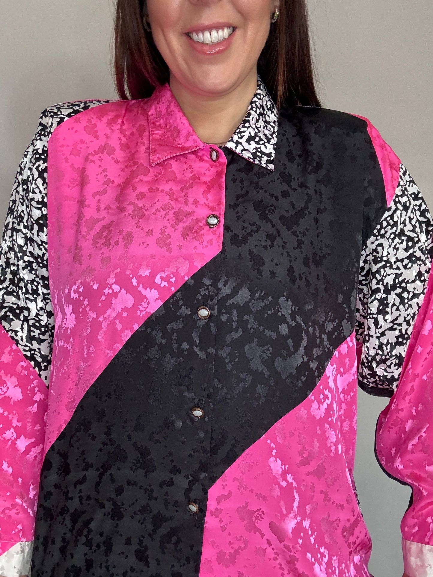 Pink, Black, and White Panelled Shirt with Leopard Animal Print and Gold Buttons