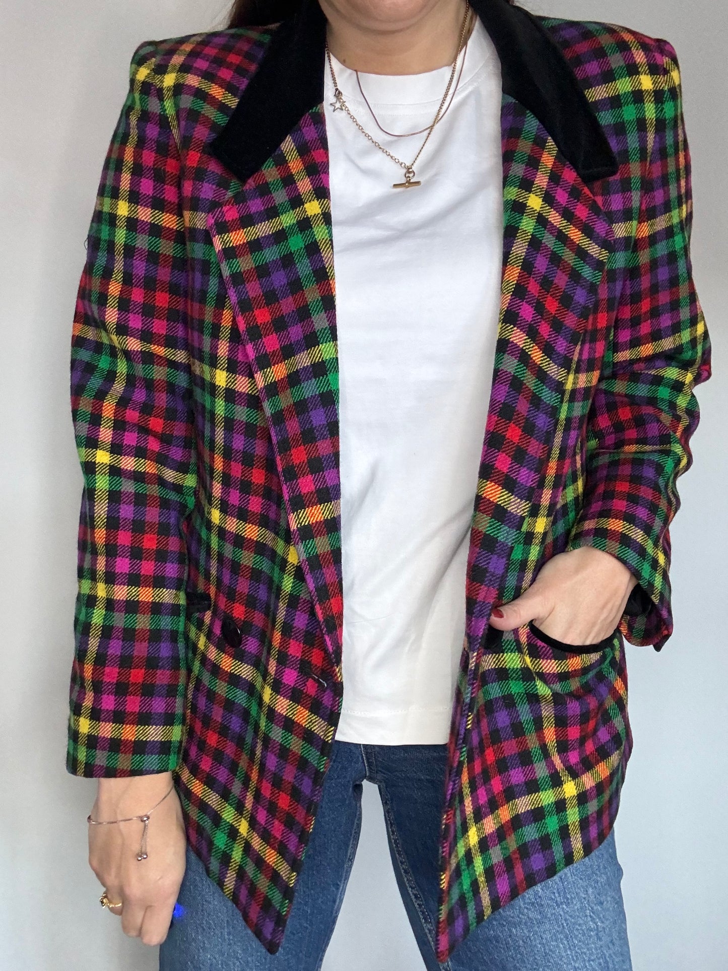 Windsmoor rainbow multicoloured tartan checked jacket with velvet collar