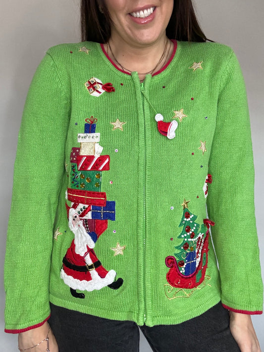 Vintage Christmas Jumper Novelty Knit Santa and Sleigh Zip Up