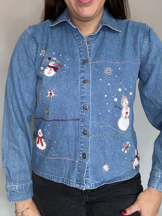 Vintage denim jacket shirt with snowman appliqué