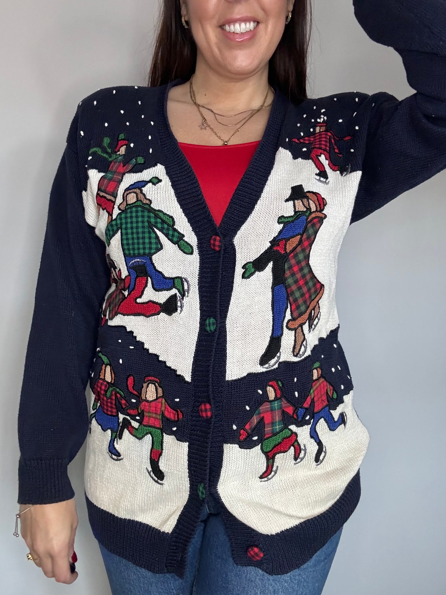 Susan Bristol 1992 rare Vintage Christmas knitted cardigan with ice skating Christmas scene and tartan design