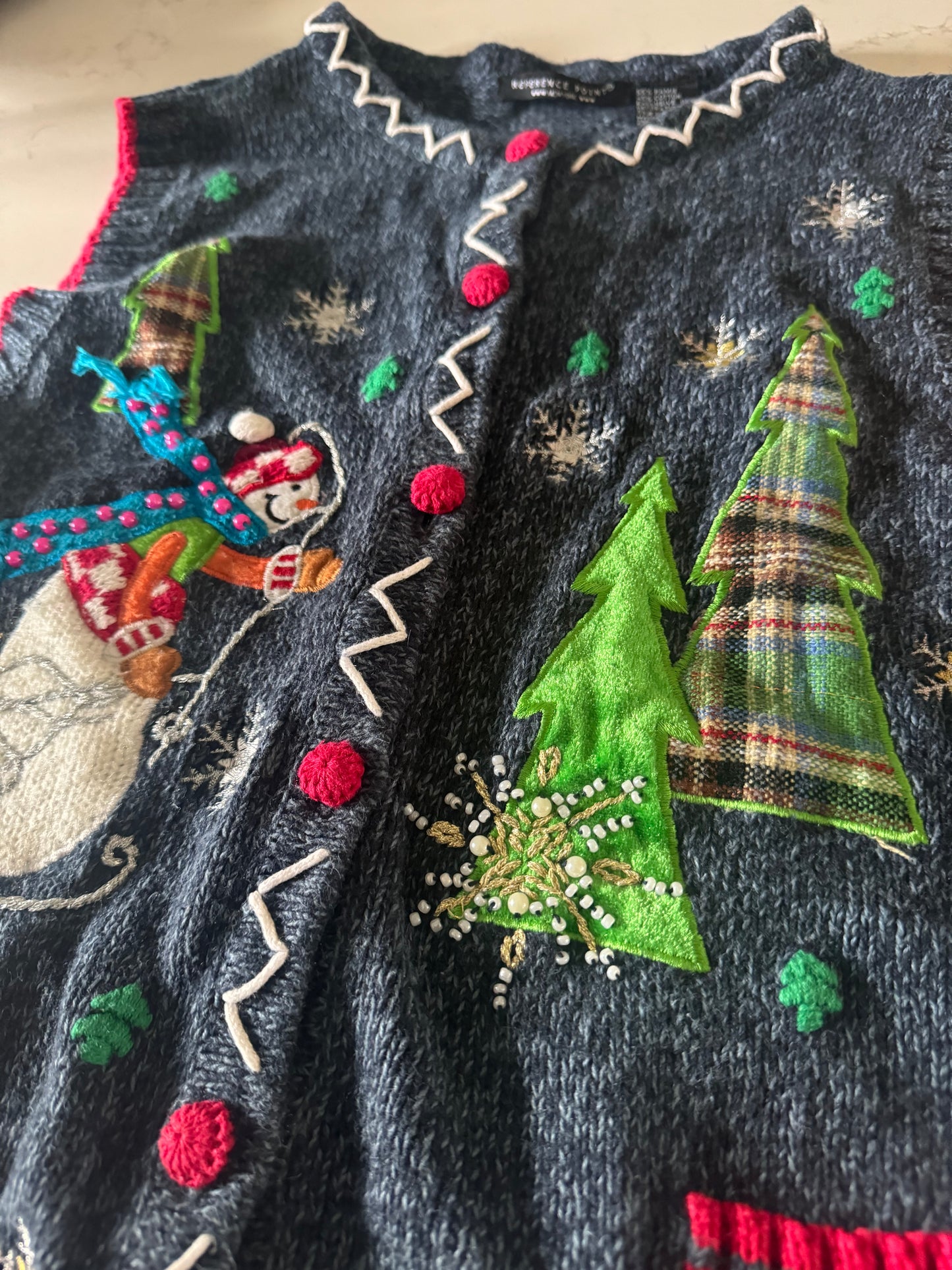 Vintage Christmas Vest with Buttons - Navy with snowman and tree appliqués