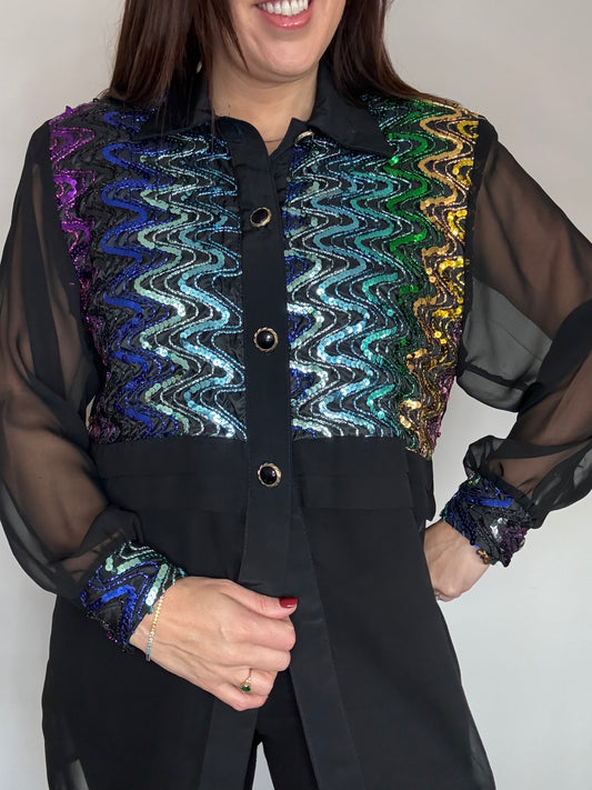 Black sequin party shirt with sheer sleeves