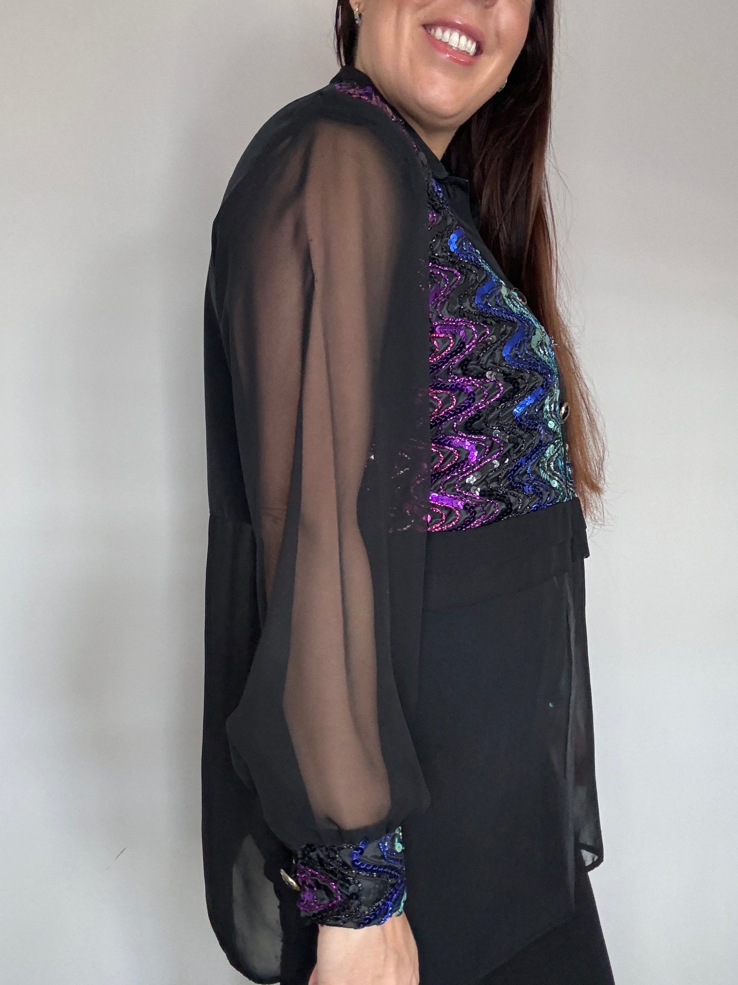 Black sequin party shirt with sheer sleeves