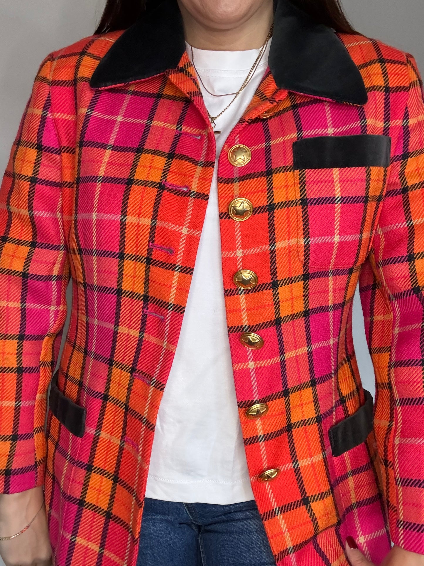 Mondi Vintage Pink and Orange Tartan Checked Jacket with Velvet Collar and pockets details and Gold Buttons