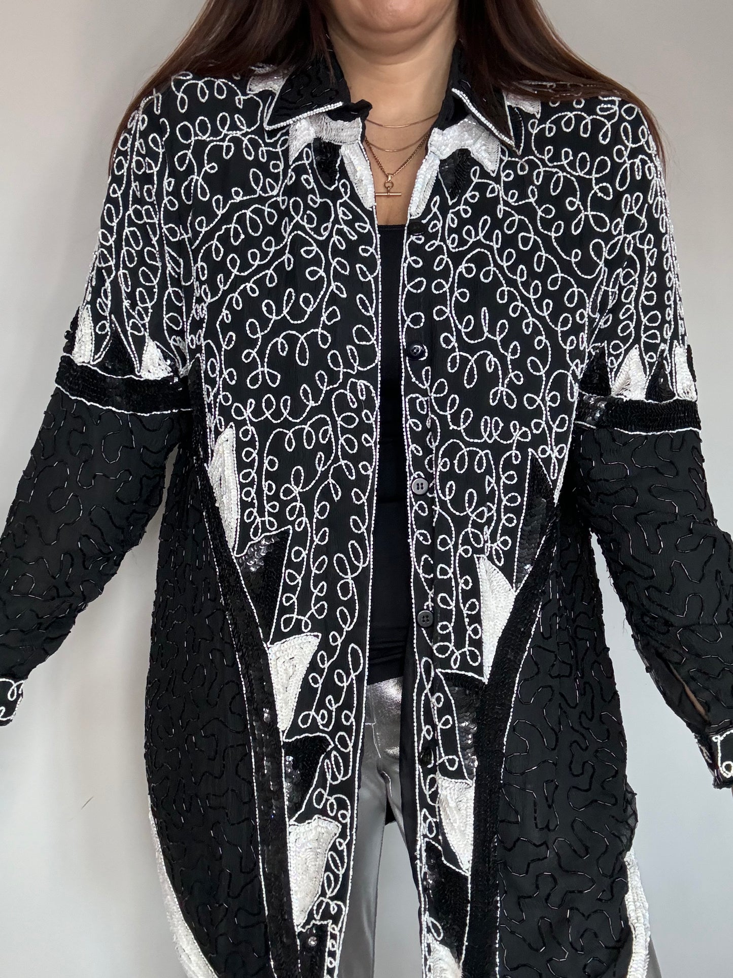 Frank Usher Black and White Classic Oversized Sequin Heavily Beaded statement Shirt statement trophy jacket overshirt