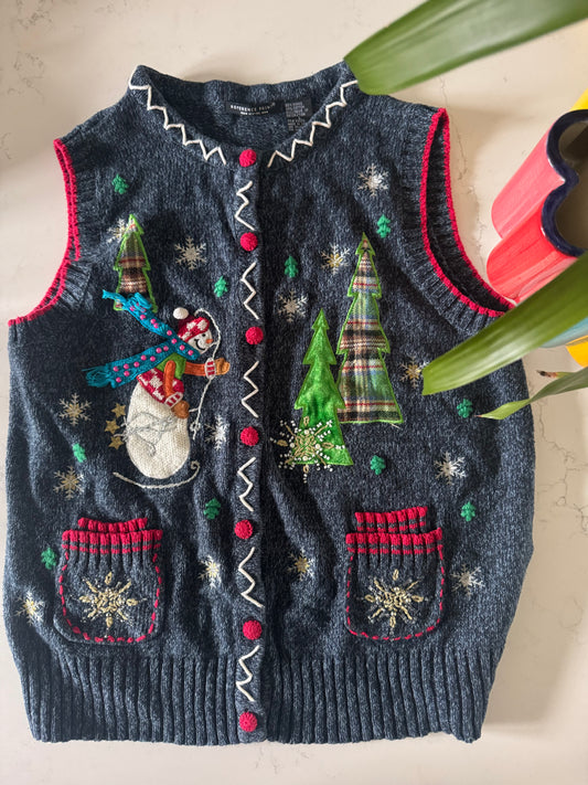 Vintage Christmas Vest with Buttons - Navy with snowman and tree appliqués