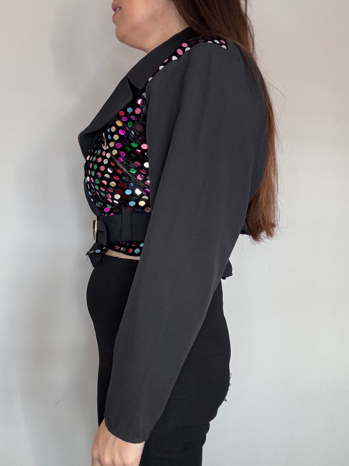 Paulo Due By Hoysens Light cropped Biker Jacket with Sequin Discs – Rare 80s Vintage with Belt