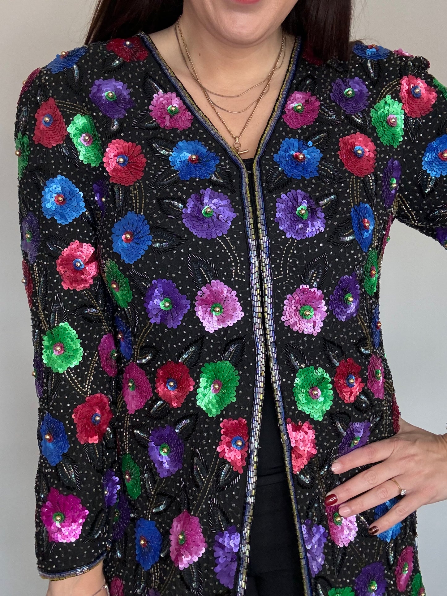 Frank Usher Heavily Beaded Longline Sequin Jacket – Rare Hand Beaded Floral Design