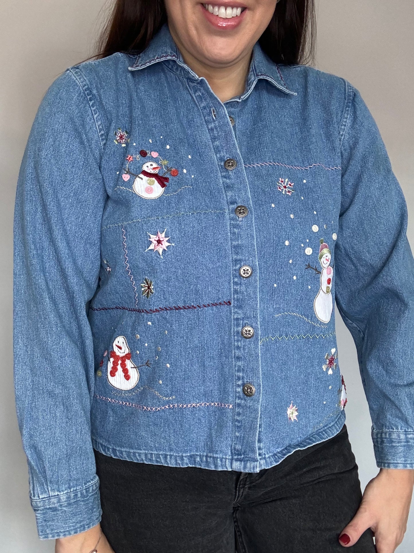 Vintage denim jacket shirt with snowman appliqué