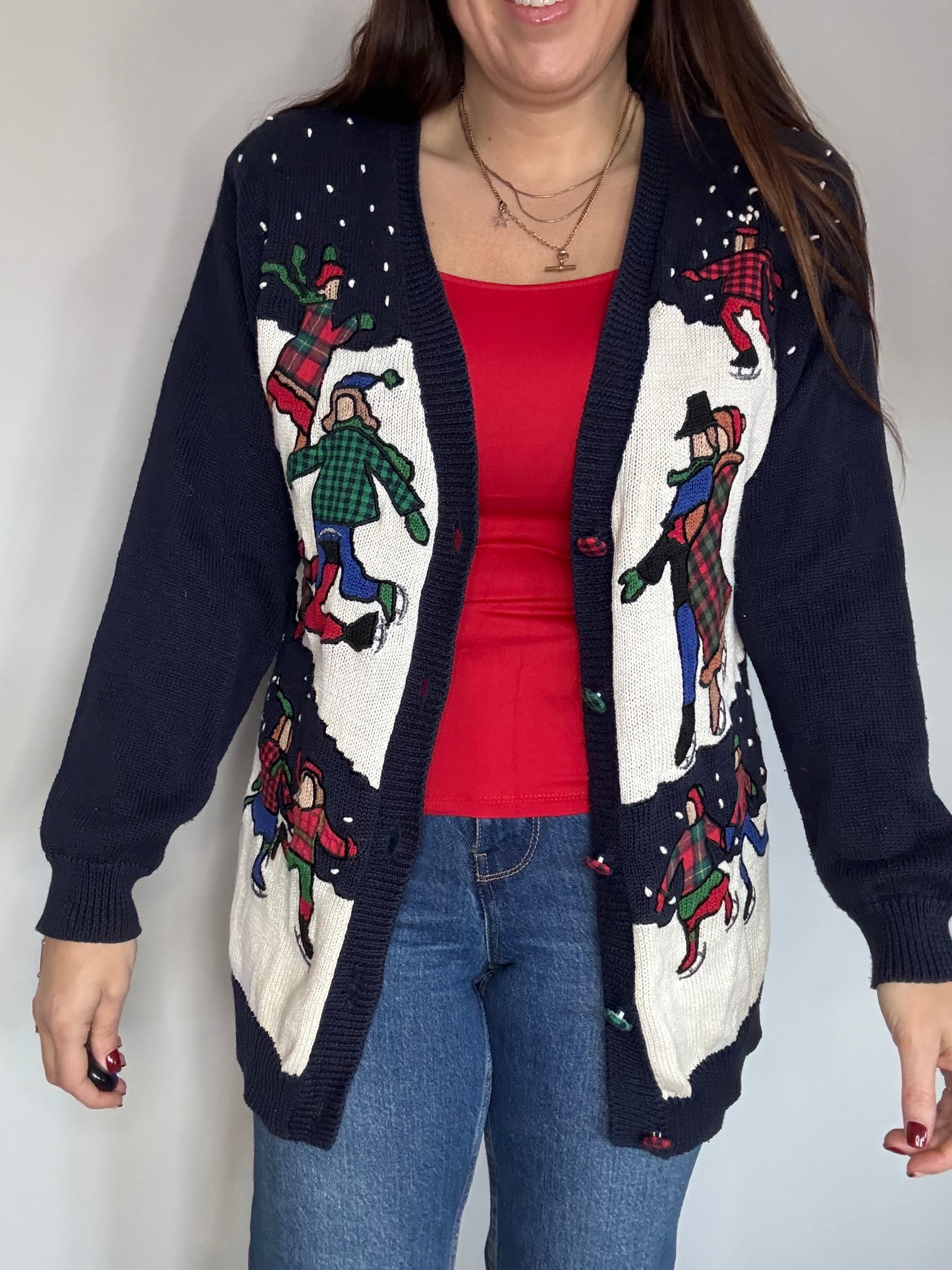 Susan Bristol 1992 rare Vintage Christmas knitted cardigan with ice skating Christmas scene and tartan design