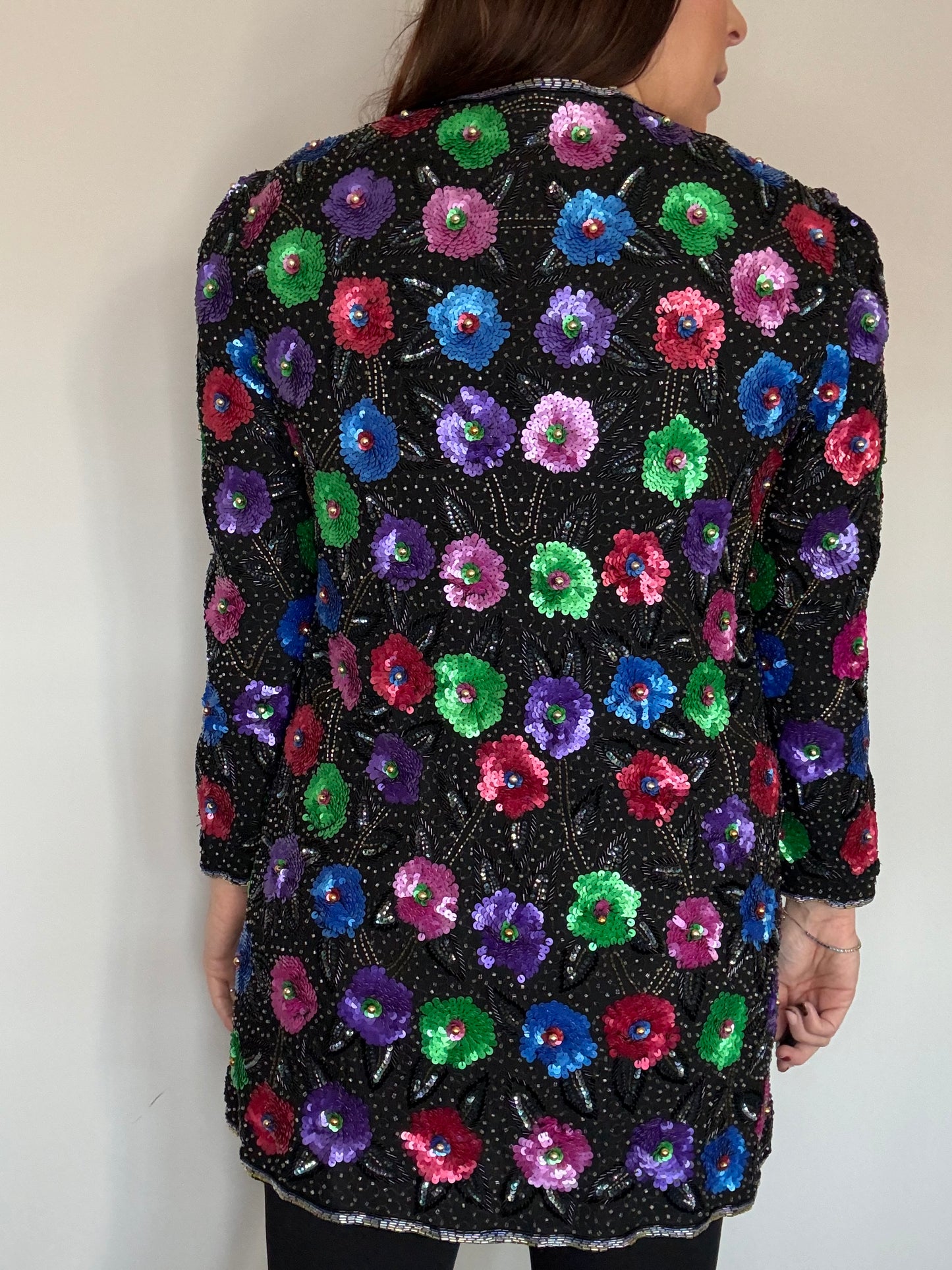 Frank Usher Heavily Beaded Longline Sequin Jacket – Rare Hand Beaded Floral Design