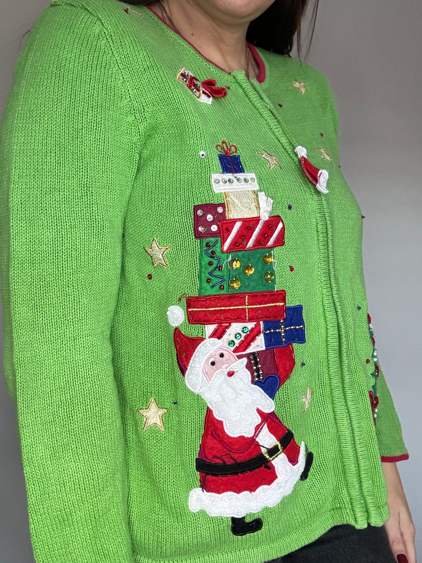 Vintage Christmas Jumper Novelty Knit Santa and Sleigh Zip Up