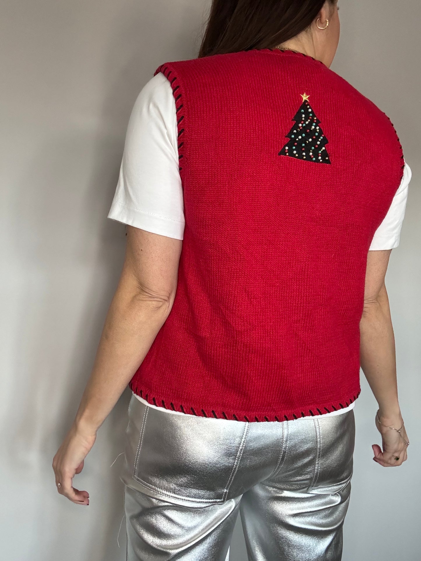 Vintage Christmas Jumper Vest Novelty Knit Red Trees with Beaded Design – Fun Themed Kitsch