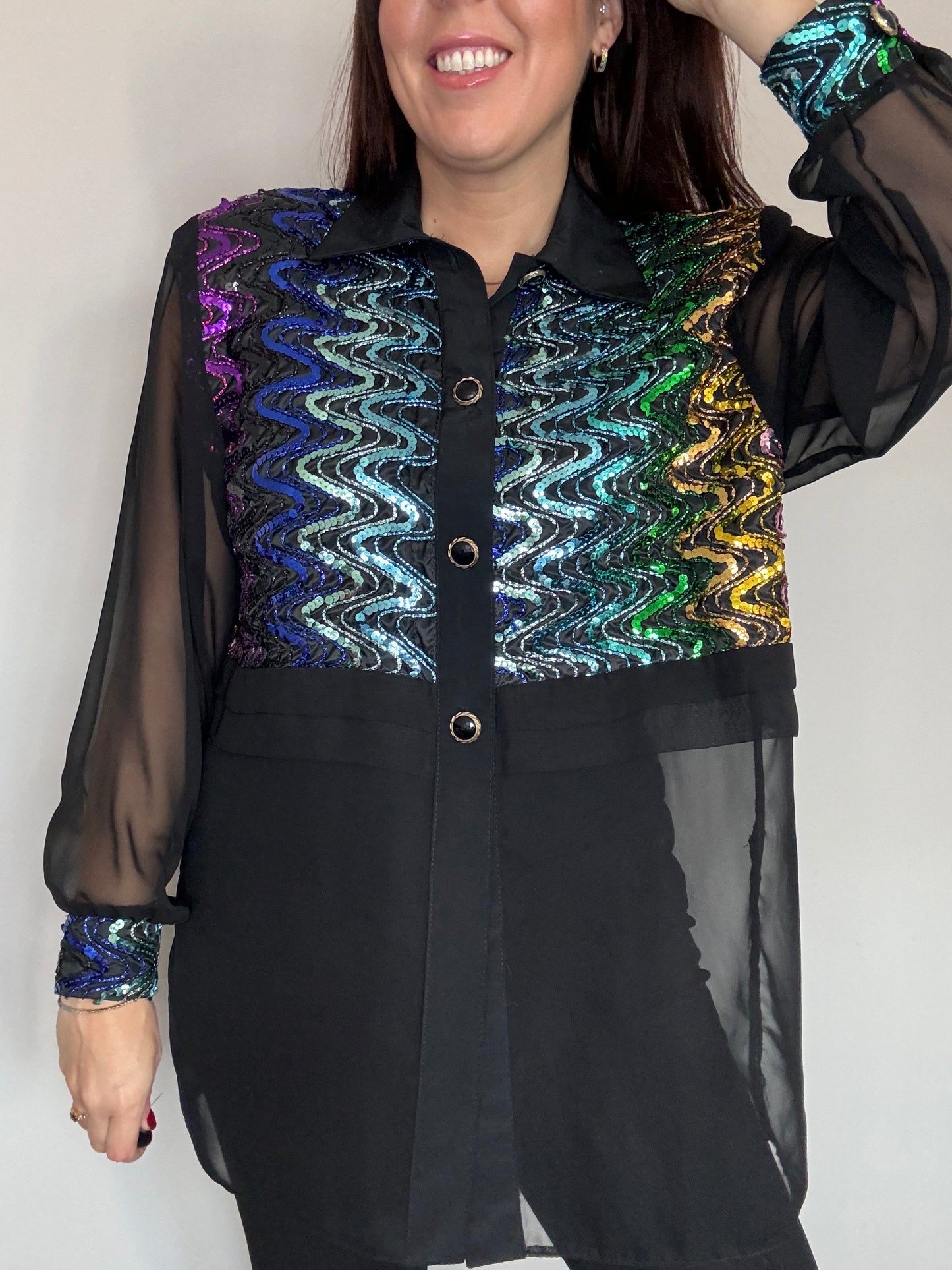 Black sequin party shirt with sheer sleeves