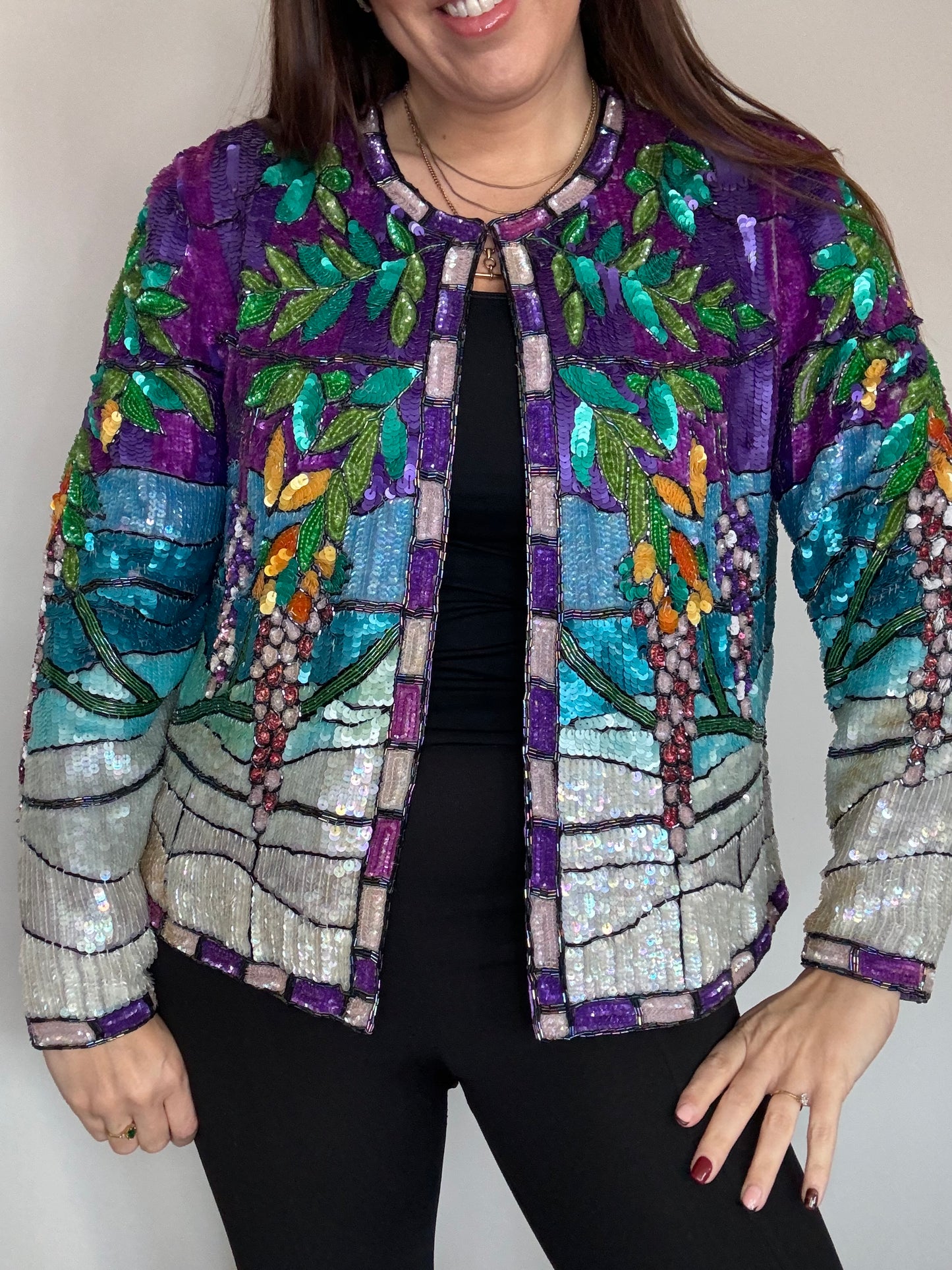 Pasttimes Heavily Beaded Longline Sequin Jacket – Rare Abstract Geometric Floral Design Trophy Jacket