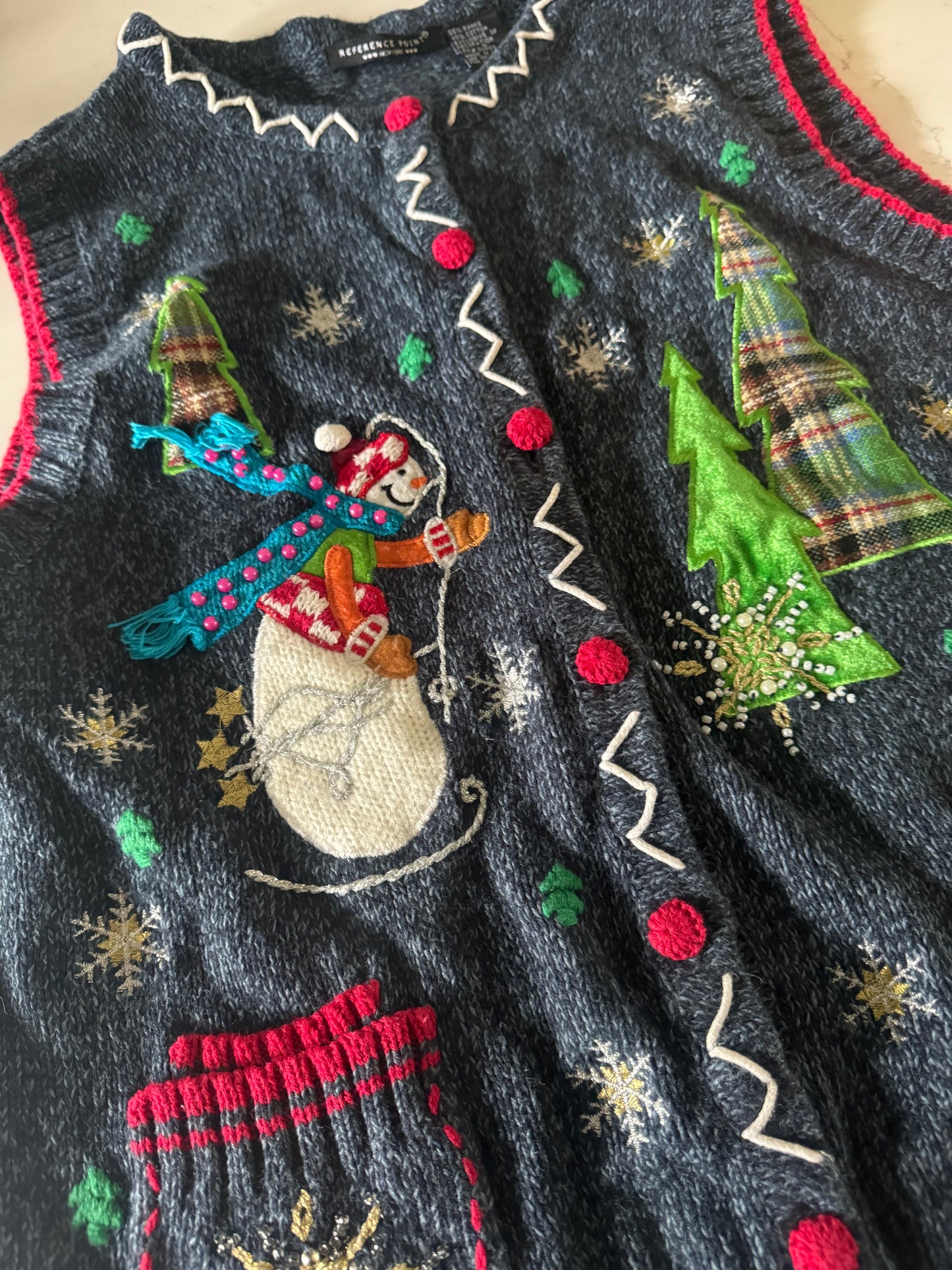 Vintage Christmas Vest with Buttons - Navy with snowman and tree appliqués