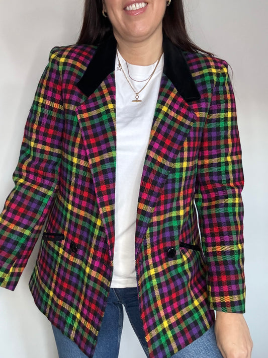 Windsmoor rainbow multicoloured tartan checked jacket with velvet collar