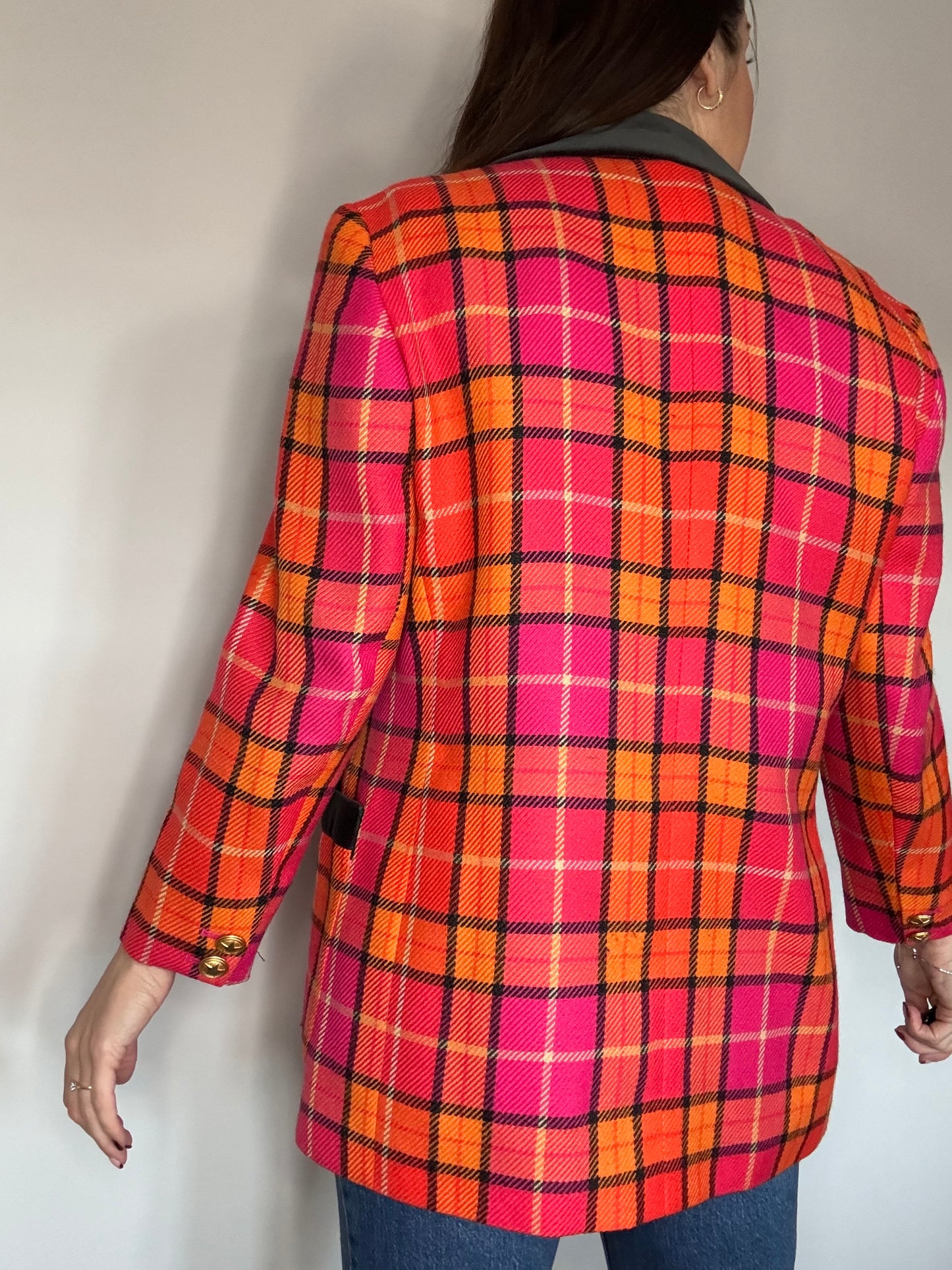 Mondi Vintage Pink and Orange Tartan Checked Jacket with Velvet Collar and pockets details and Gold Buttons