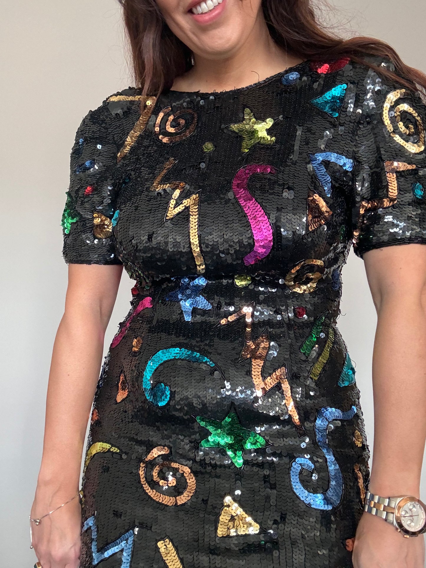 Black Sequin Christmas party dress with multicoloured shapes & sqiggles